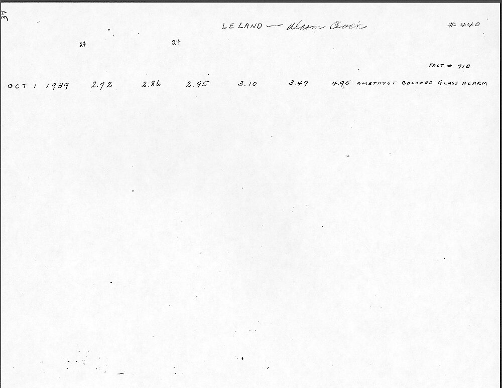 Price Change Book from the Westclox Factory - Photocopy from Jim Whitaker, giving the key wind models > 37. Leland Alarm Clock. Data From 1939.