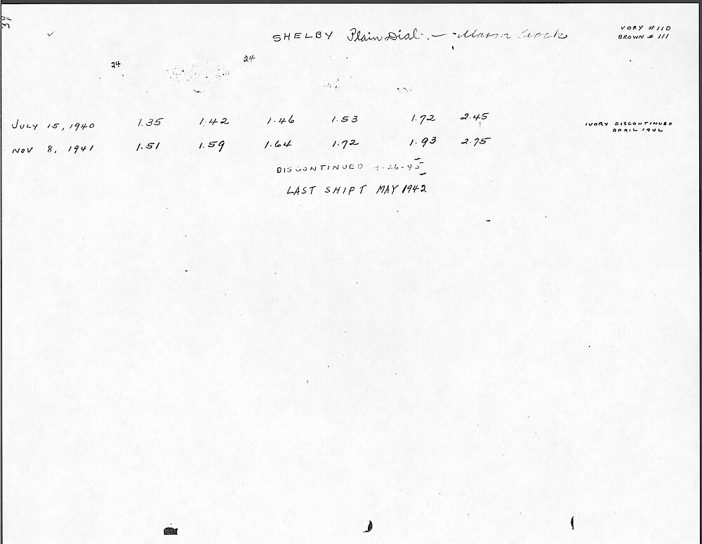 Price Change Book from the Westclox Factory - Photocopy from Jim Whitaker, giving the key wind models > 39. Shelby Plain Dial (non-luminous) Alarm Clock (Style 1), Ivory And Brown. Data From 1940 To 1942.