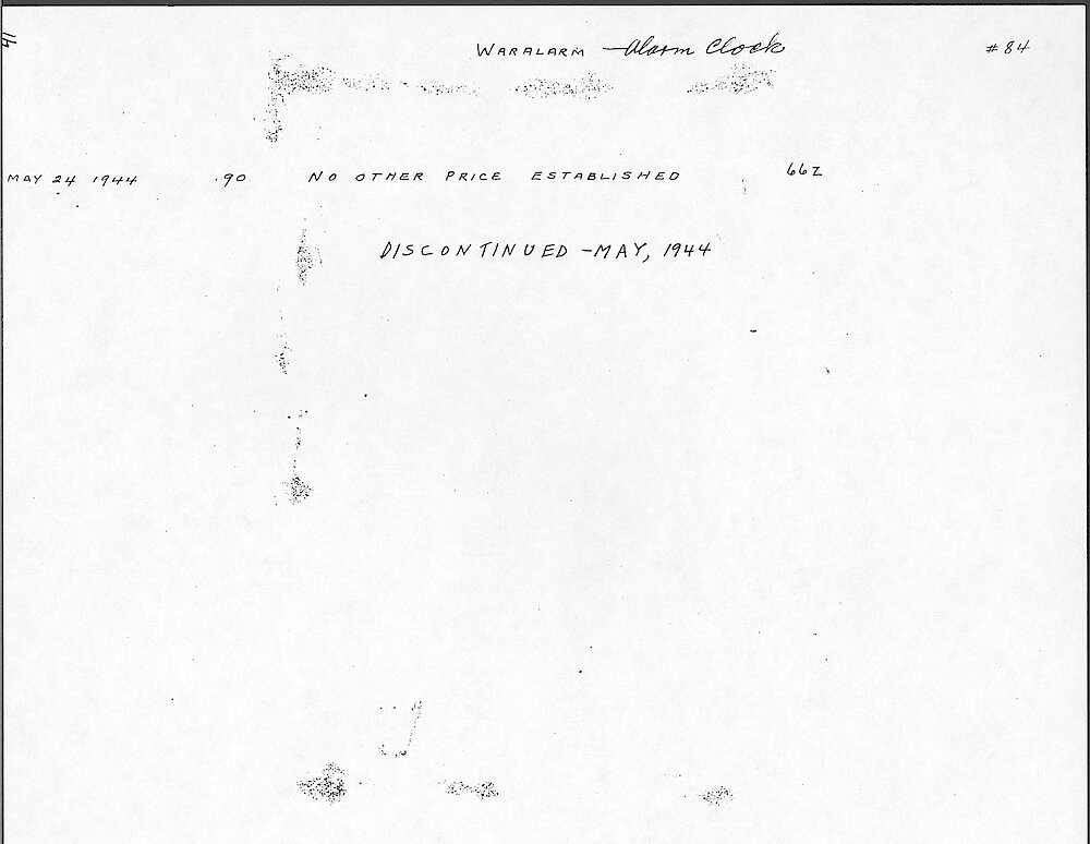 Price Change Book from the Westclox Factory - Photocopy from Jim Whitaker, giving the key wind models > 41. Waralarm Alarm Clock (cardboard Case Model). Data From 1944.