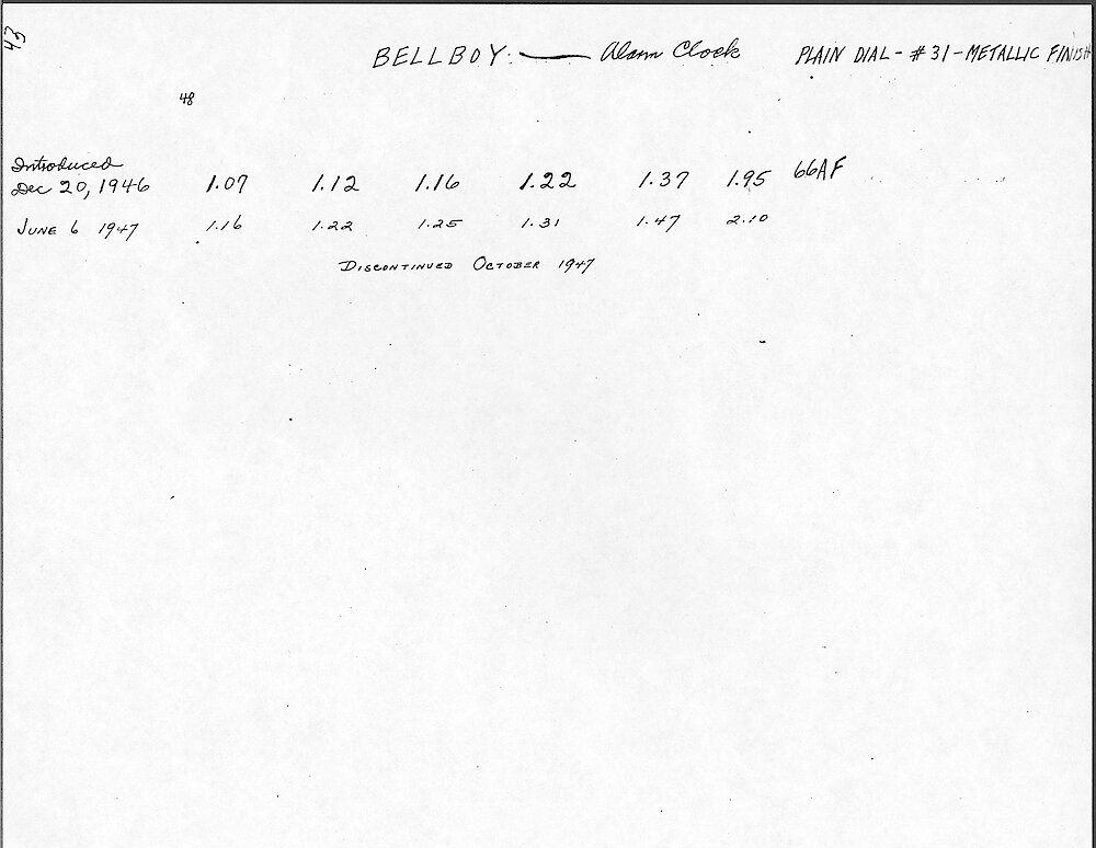 Price Change Book from the Westclox Factory - Photocopy from Jim Whitaker, giving the key wind models > 43. Bellboy Alarm Clock (wire Bail Base). Data From 1946 To 1947.