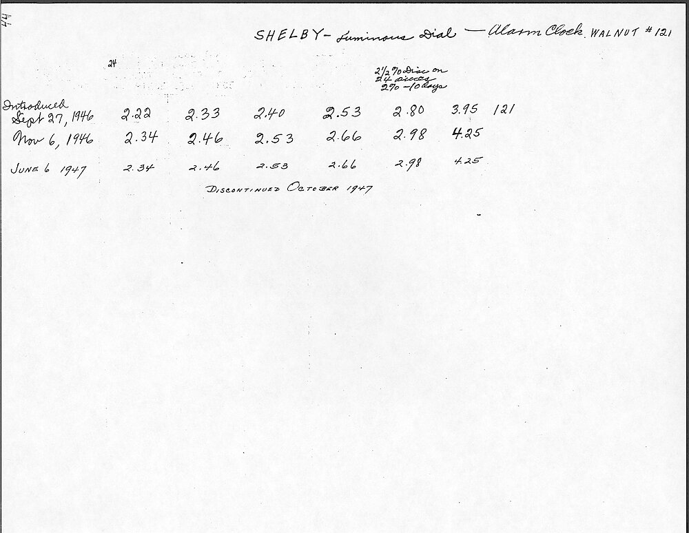 Price Change Book from the Westclox Factory - Photocopy from Jim Whitaker, giving the key wind models > 44. Shelby Luminous Dial Alarm Clock (Style 1), Walnut Color. Data From 1946 To 1947.