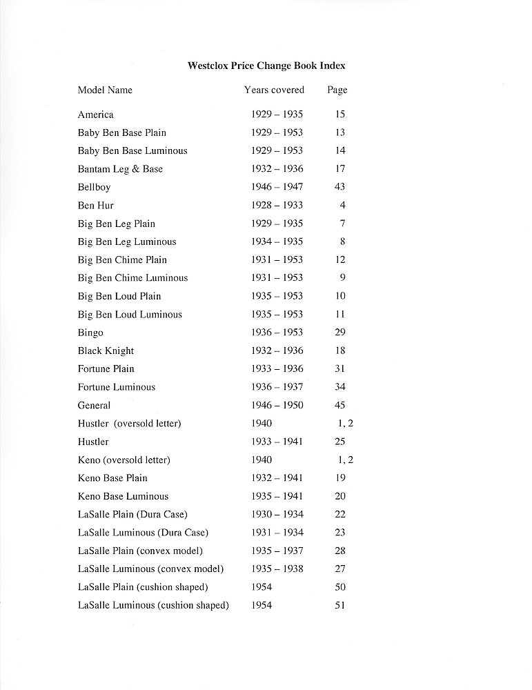 Price Change Book from the Westclox Factory - Photocopy from Jim Whitaker, giving the key wind models > Index-1