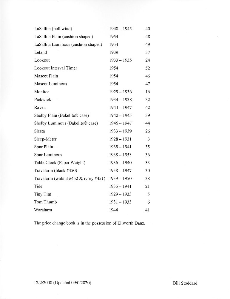 Price Change Book from the Westclox Factory - Photocopy from Jim Whitaker, giving the key wind models > Index-2