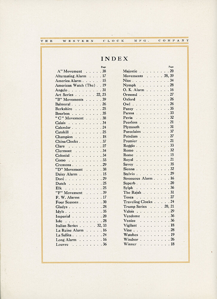 1907 Western Clock Manufacturing Company Catalog > Index