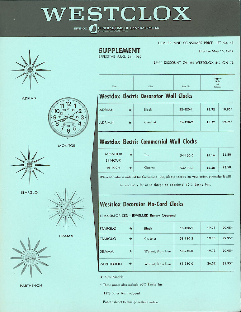 Westclox Canada Dealer and Consumer Price List No. 43, Supplement. Effective August 21, 1967