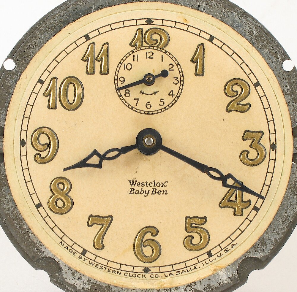 Westclox Baby Ben Style 2 Butler Nickel Gold Leaf Numeral. Dial