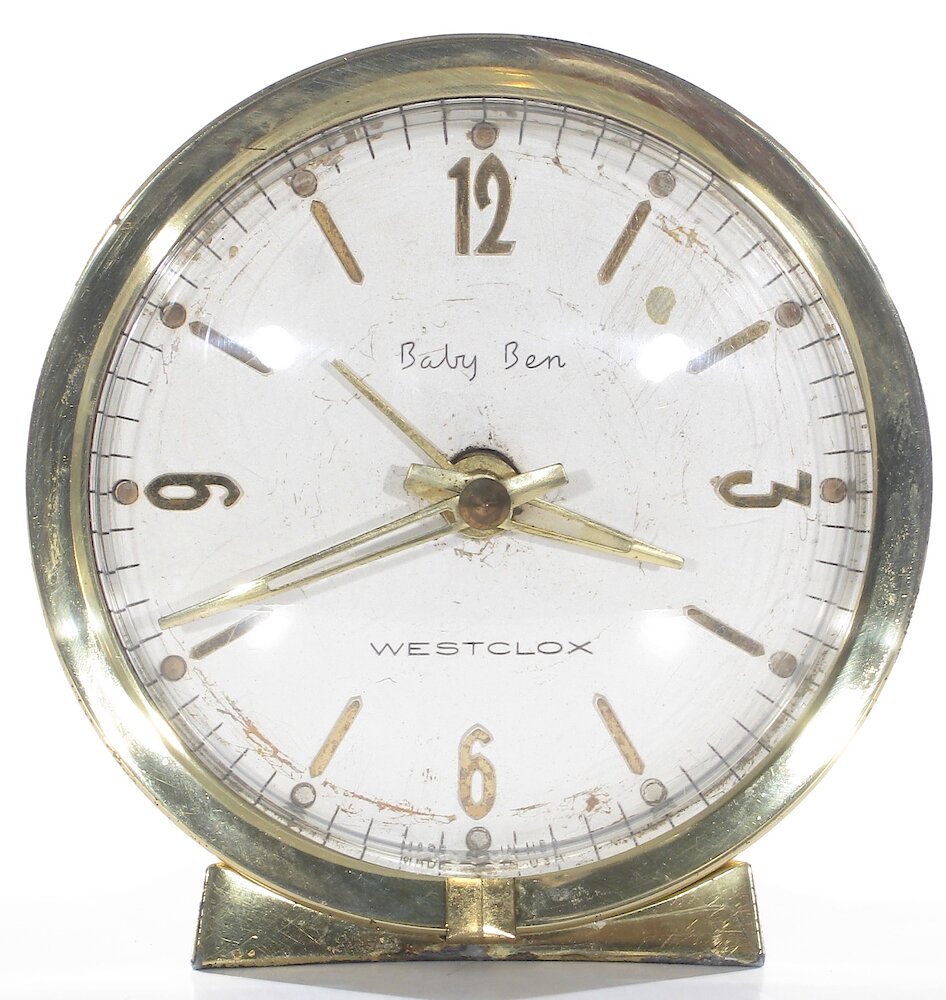 Westclox Baby Ben Deluxe Style 7 Brass Bezel Base Silver Florentine Back Luminous. Westclox Baby Ben Deluxe Style 7 Brass Bezel Base Silver Florentine Back Luminous Clock Example Photo