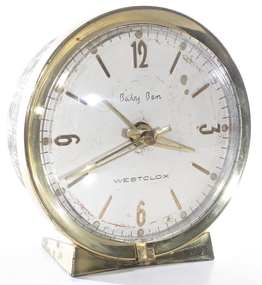 Westclox Baby Ben Deluxe Style 7 Brass Bezel Base Silver Florentine Back Luminous. Westclox Baby Ben Deluxe Style 7 Brass Bezel Base Silver Florentine Back Luminous Clock Example Photo