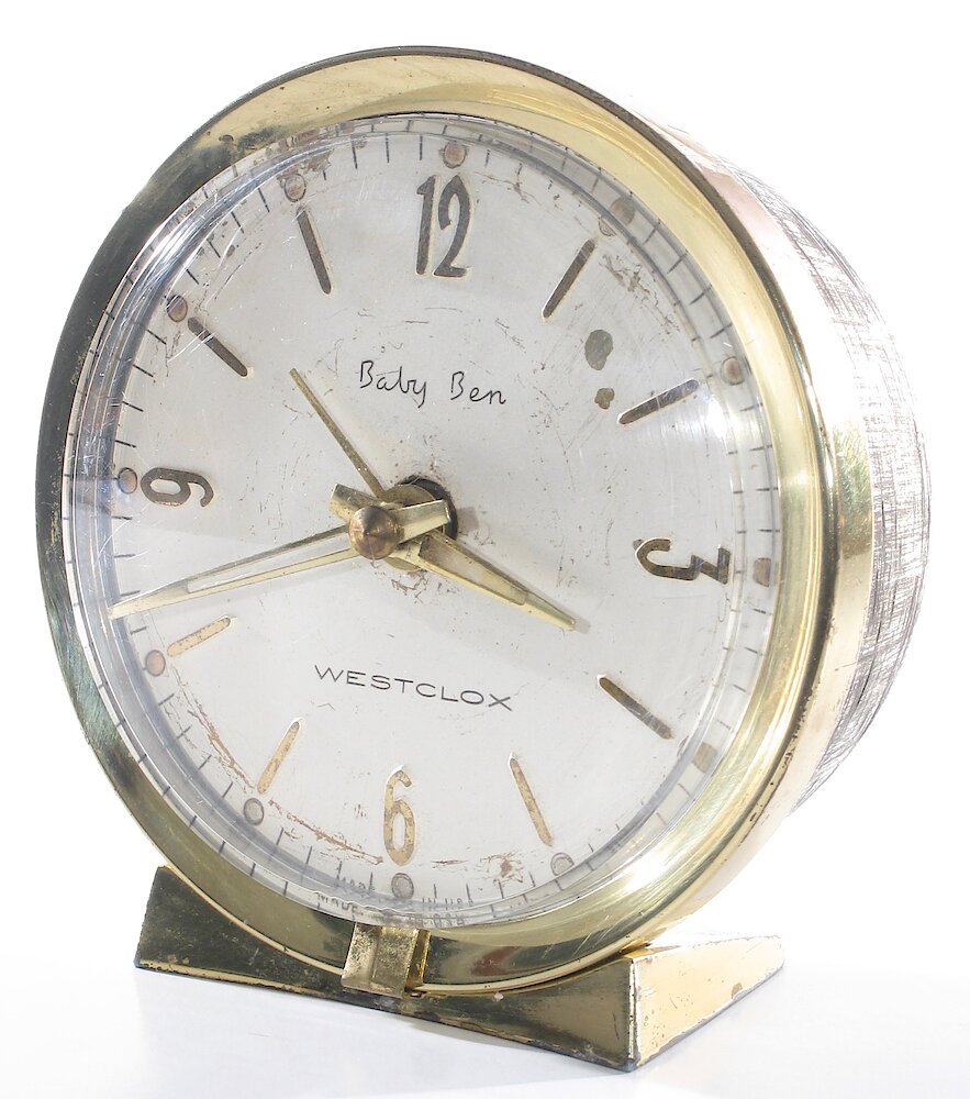 Westclox Baby Ben Deluxe Style 7 Brass Bezel Base Silver Florentine Back Luminous. Westclox Baby Ben Deluxe Style 7 Brass Bezel Base Silver Florentine Back Luminous Clock Example Photo