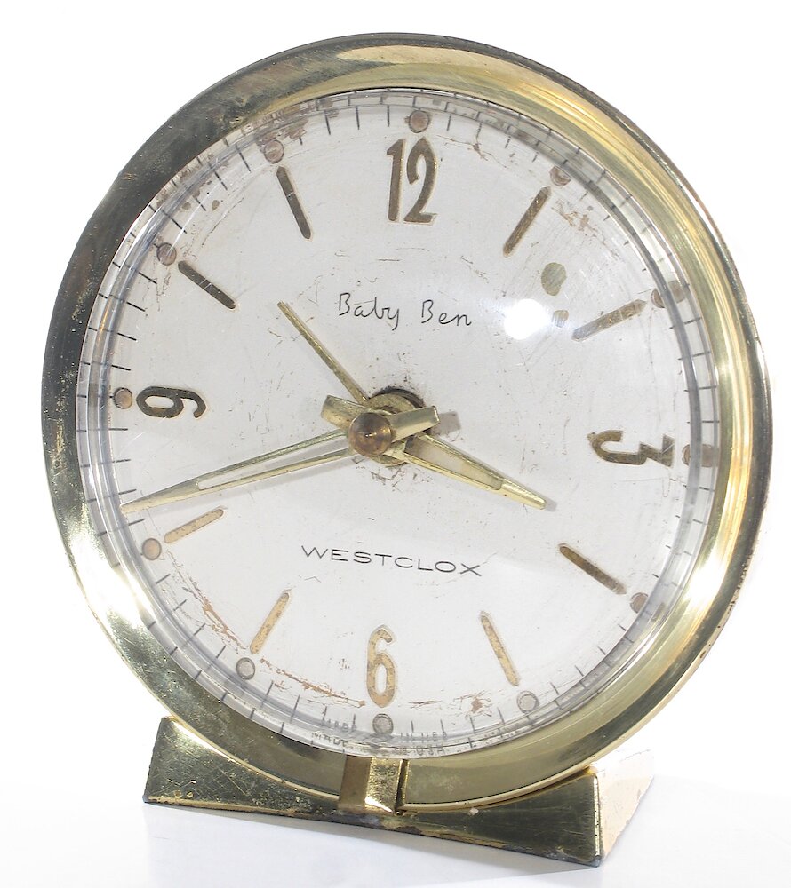 Westclox Baby Ben Deluxe Style 7 Brass Bezel Base Silver Florentine Back Luminous. Westclox Baby Ben Deluxe Style 7 Brass Bezel Base Silver Florentine Back Luminous Clock Example Photo