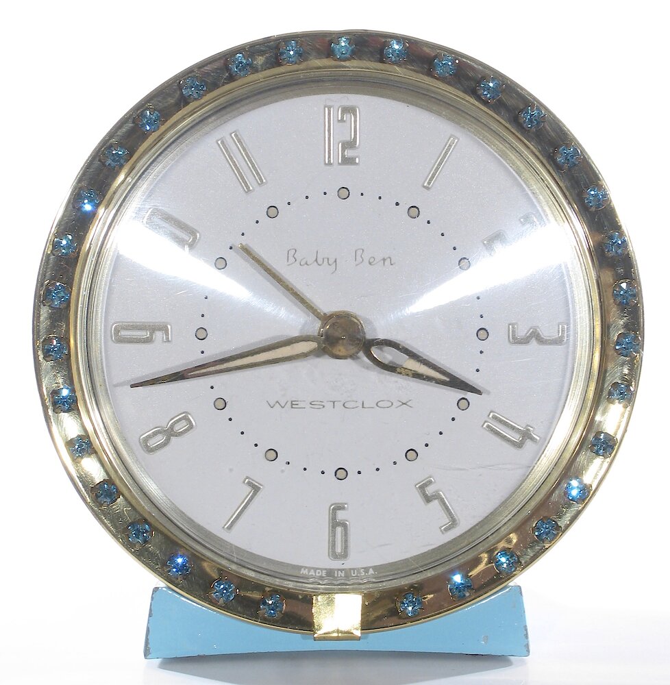 Westclox Baby Ben Sequin Style 7 Turquoise Radial Numerals. Westclox Baby Ben Sequin Style 7 Turquoise Radial Numerals Clock Example Photo