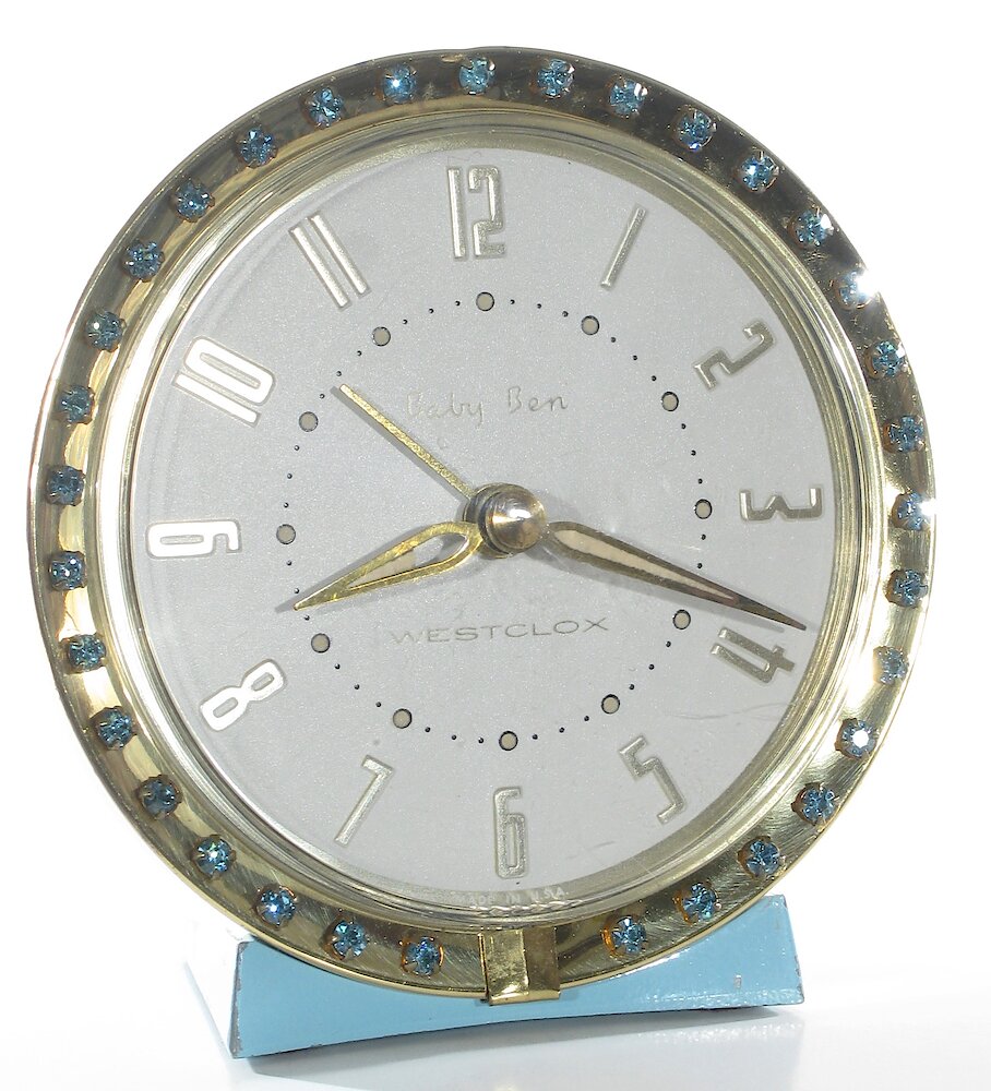 Westclox Baby Ben Sequin Style 7 Turquoise Radial Numerals. Westclox Baby Ben Sequin Style 7 Turquoise Radial Numerals Clock Example Photo