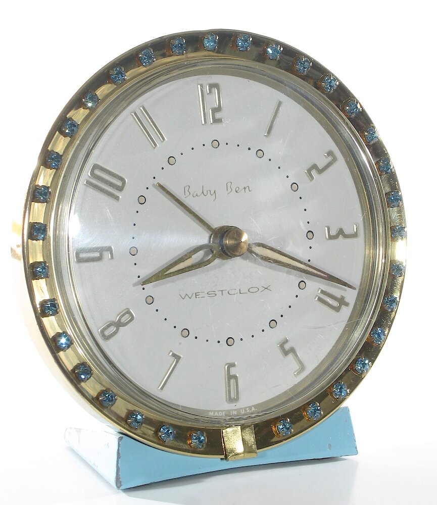 Westclox Baby Ben Sequin Style 7 Turquoise Radial Numerals. Westclox Baby Ben Sequin Style 7 Turquoise Radial Numerals Clock Example Photo