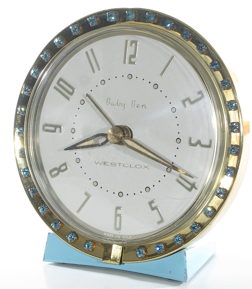 Westclox Baby Ben Sequin Style 7 Turquoise Radial Numerals. Westclox Baby Ben Sequin Style 7 Turquoise Radial Numerals Clock Example Photo