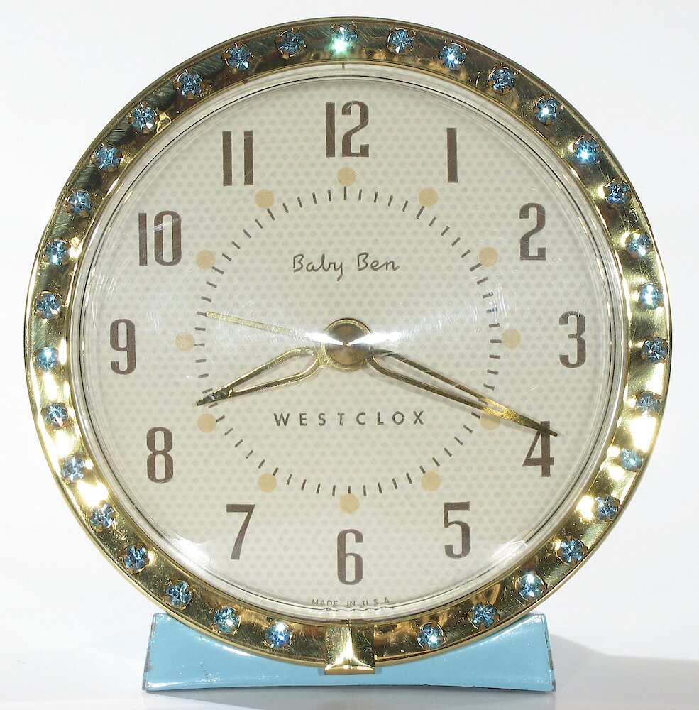 Westclox Baby Ben Sequin Style 7 Turquoise Upright Numerals. Westclox Baby Ben Sequin Style 7 Turquoise Upright Numerals Clock Example Photo