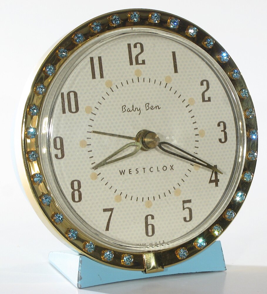 Westclox Baby Ben Sequin Style 7 Turquoise Upright Numerals. Westclox Baby Ben Sequin Style 7 Turquoise Upright Numerals Clock Example Photo