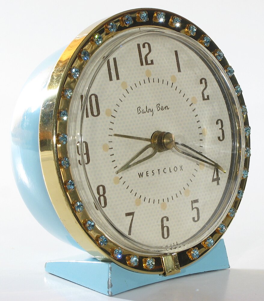 Westclox Baby Ben Sequin Style 7 Turquoise Upright Numerals. Westclox Baby Ben Sequin Style 7 Turquoise Upright Numerals Clock Example Photo