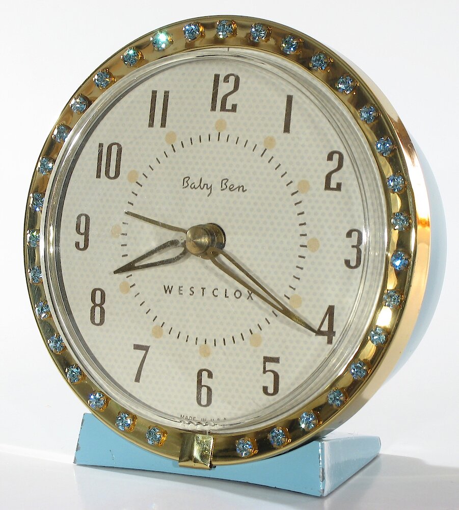 Westclox Baby Ben Sequin Style 7 Turquoise Upright Numerals. Westclox Baby Ben Sequin Style 7 Turquoise Upright Numerals Clock Example Photo