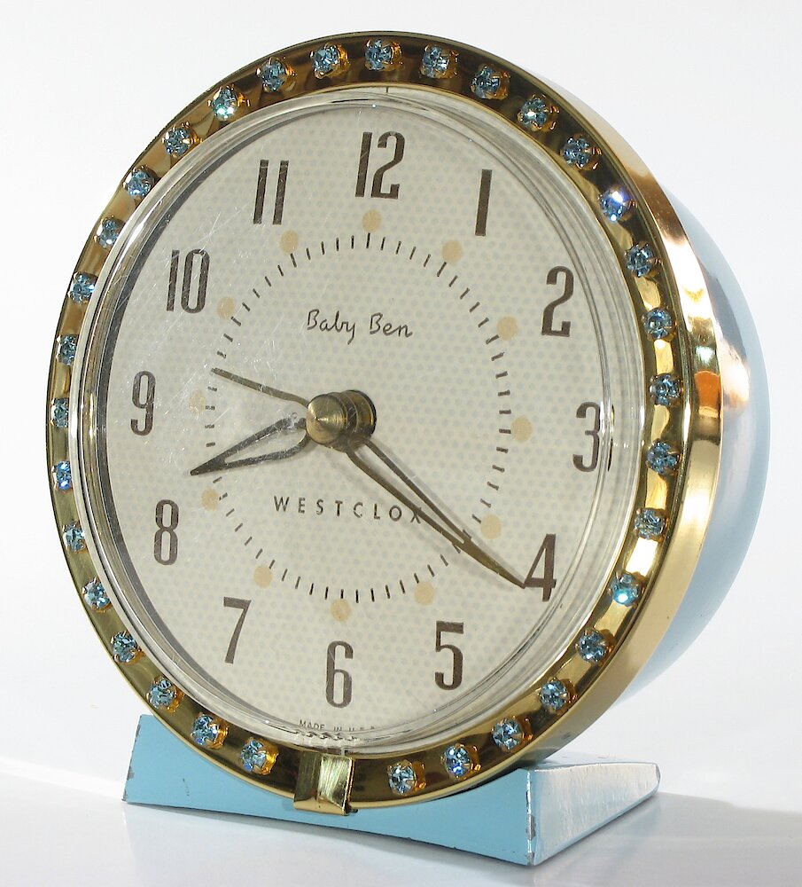 Westclox Baby Ben Sequin Style 7 Turquoise Upright Numerals. Westclox Baby Ben Sequin Style 7 Turquoise Upright Numerals Clock Example Photo