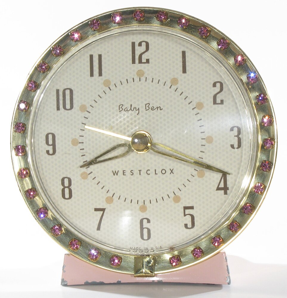 Westclox Baby Ben Sequin Style 7 Pink Upright Numerals. Westclox Baby Ben Sequin Style 7 Pink Upright Numerals Clock Example Photo