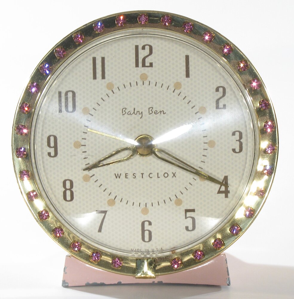 Westclox Baby Ben Sequin Style 7 Pink Upright Numerals. Westclox Baby Ben Sequin Style 7 Pink Upright Numerals Clock Example Photo