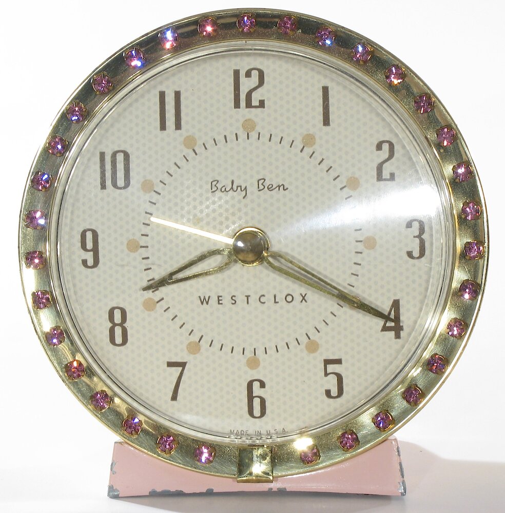 Westclox Baby Ben Sequin Style 7 Pink Upright Numerals. Westclox Baby Ben Sequin Style 7 Pink Upright Numerals Clock Example Photo