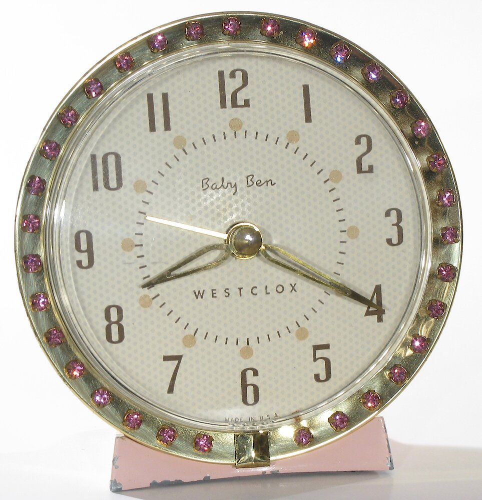 Westclox Baby Ben Sequin Style 7 Pink Upright Numerals. Westclox Baby Ben Sequin Style 7 Pink Upright Numerals Clock Example Photo