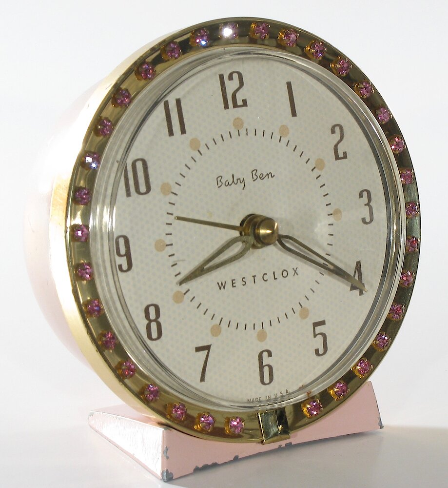 Westclox Baby Ben Sequin Style 7 Pink Upright Numerals. Westclox Baby Ben Sequin Style 7 Pink Upright Numerals Clock Example Photo