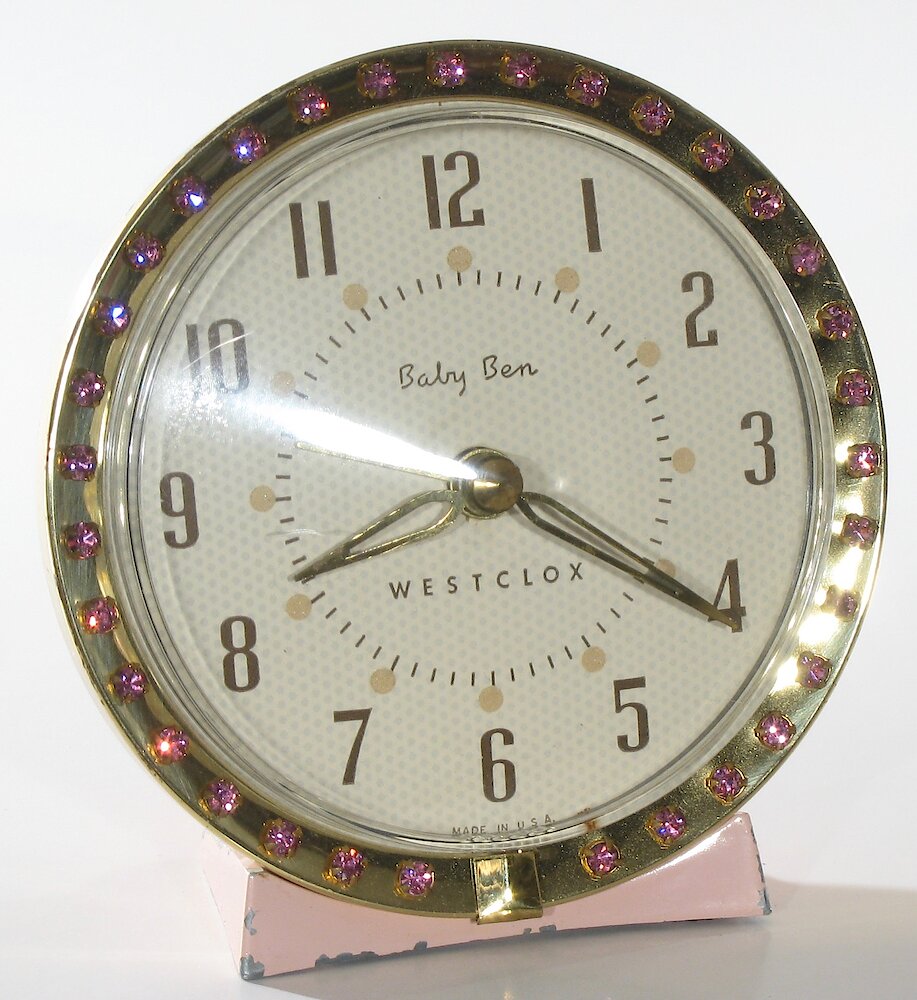 Westclox Baby Ben Sequin Style 7 Pink Upright Numerals. Westclox Baby Ben Sequin Style 7 Pink Upright Numerals Clock Example Photo