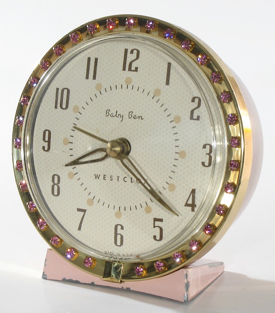 Westclox Baby Ben Sequin Style 7 Pink Upright Numerals. Westclox Baby Ben Sequin Style 7 Pink Upright Numerals Clock Example Photo