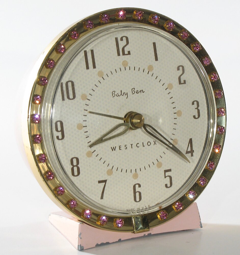 Westclox Baby Ben Sequin Style 7 Pink Upright Numerals. Westclox Baby Ben Sequin Style 7 Pink Upright Numerals Clock Example Photo