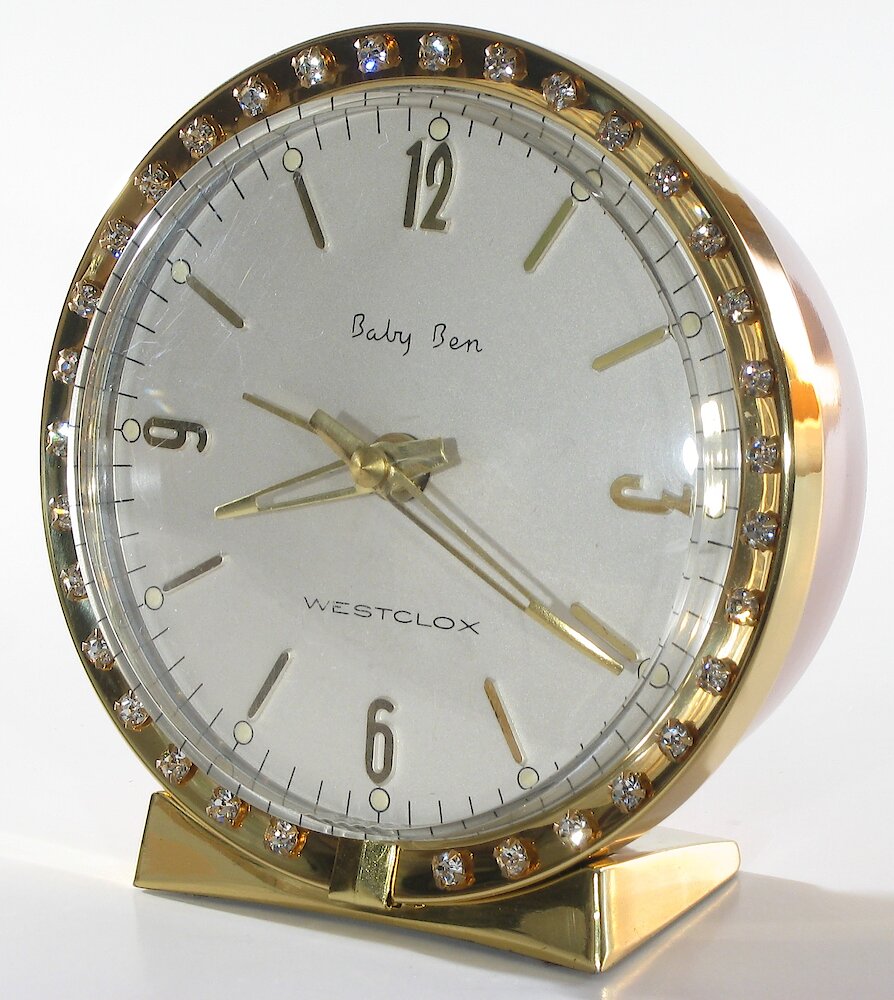 Westclox Baby Ben Deluxe Style 7 Pink Back Sequin Brass Base. Westclox Baby Ben Deluxe Style 7 Pink Back Sequin Brass Base Clock Example Photo