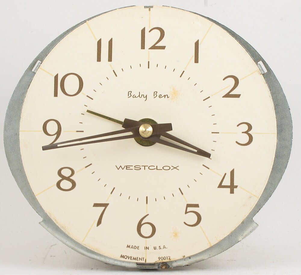 Westclox Baby Ben Style 8 Blind White. Westclox Baby Ben Style 8 Blind White Clock Example Photo