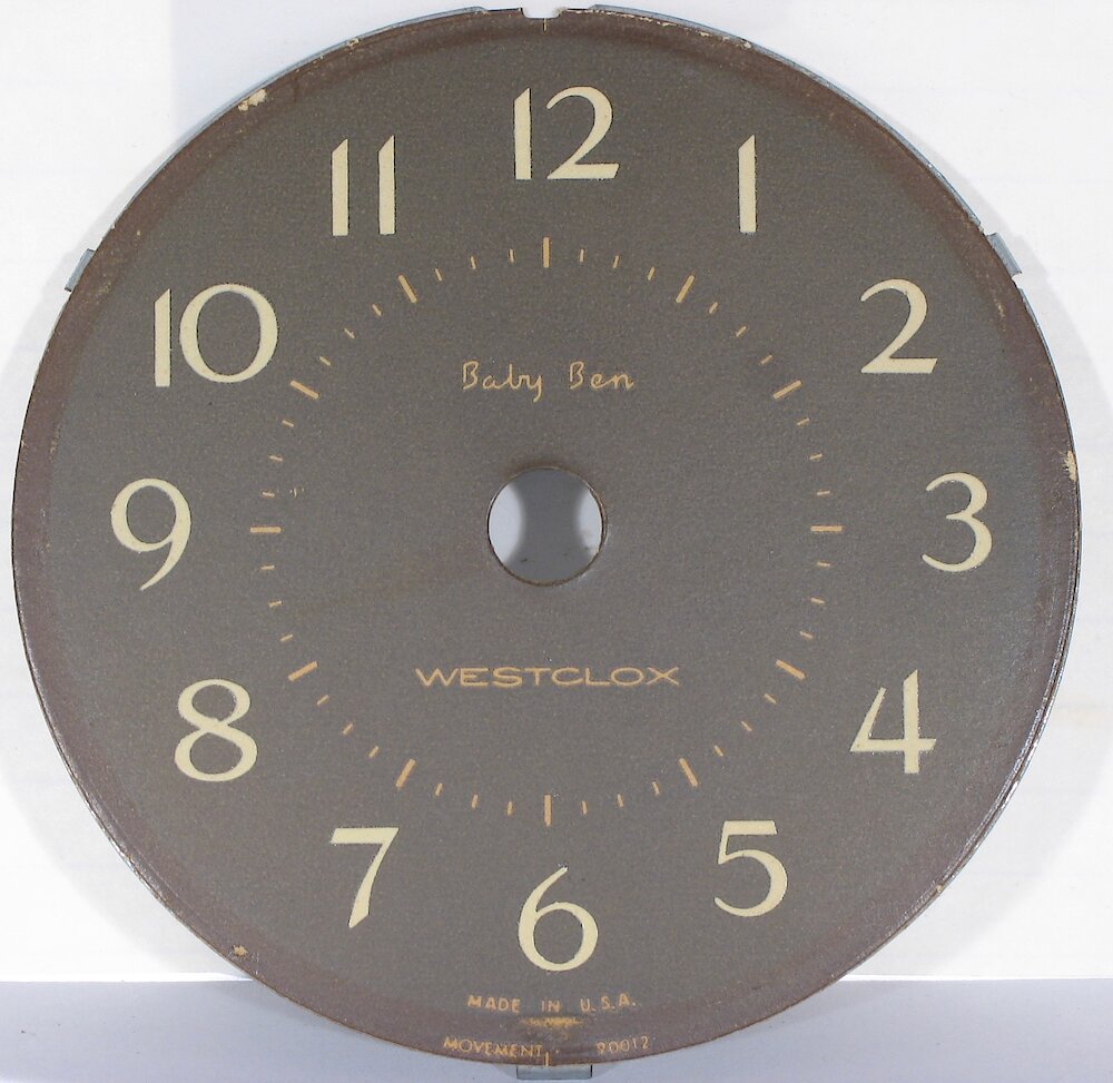 Westclox Baby Ben Style 8 Fashion Brite Shaded Woodtone. Paper dial (faded except at edges)