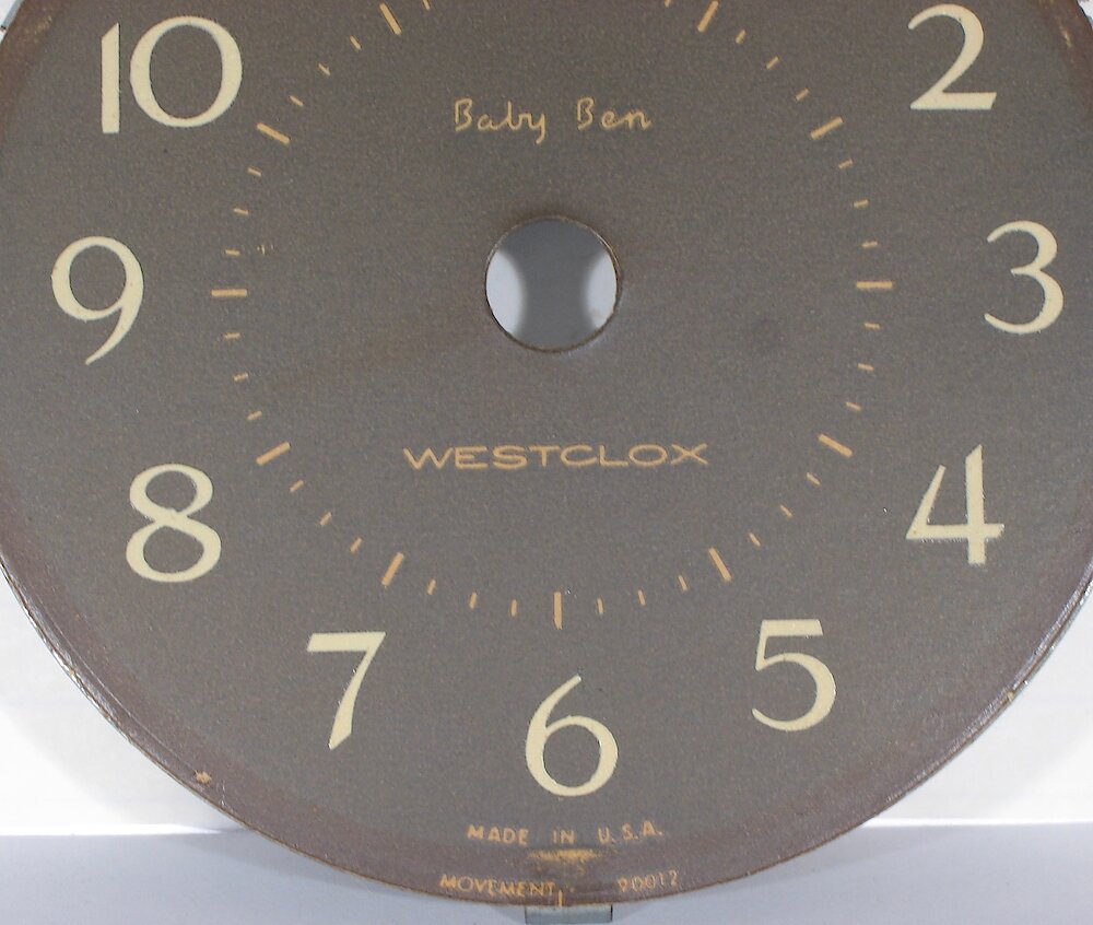 Westclox Baby Ben Style 8 Fashion Brite Shaded Woodtone. Paper dial (faded except at edges)