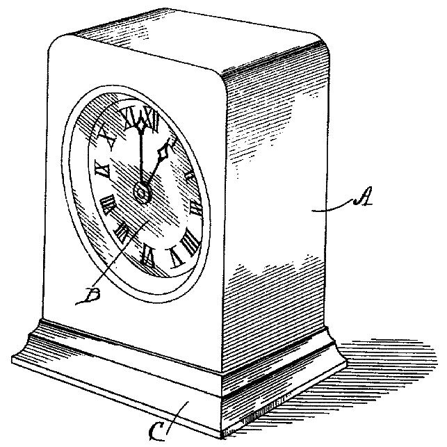 Clock Case. " . . . The Body A Of The Clock Case Is Rectangular In Shape And The Sides And Front Are Made Of One Piece Of Material. The Front Of The Case Is Smooth And Continuous, As Shown, Except For The Opening Through Which The Clock-dial B Is Seen. The Case Is Enlarged At The Bottom, So As To Form The Base C. This Base Is Provided With Grooves Or Indentations, ... 