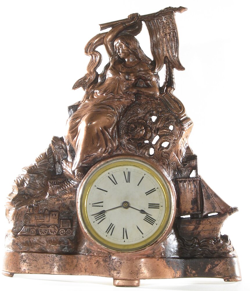 Golden Novelty Lady Flag Train Ship Cast Front. Golden Novelty Lady Flag Train Ship Cast Front Clock Example Photo