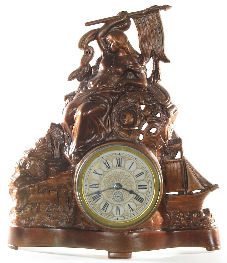 Golden Novelty Lady Flag Train Ship Cast Front. Golden Novelty Lady Flag Train Ship Cast Front Clock Example Photo