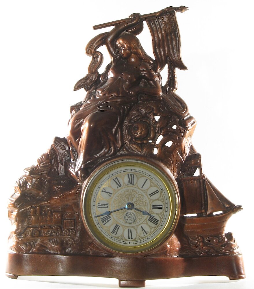 Golden Novelty Lady Flag Train Ship Cast Front. Golden Novelty Lady Flag Train Ship Cast Front Clock Example Photo