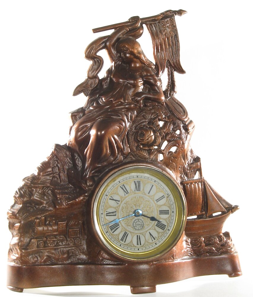 Golden Novelty Lady Flag Train Ship Cast Front. Golden Novelty Lady Flag Train Ship Cast Front Clock Example Photo