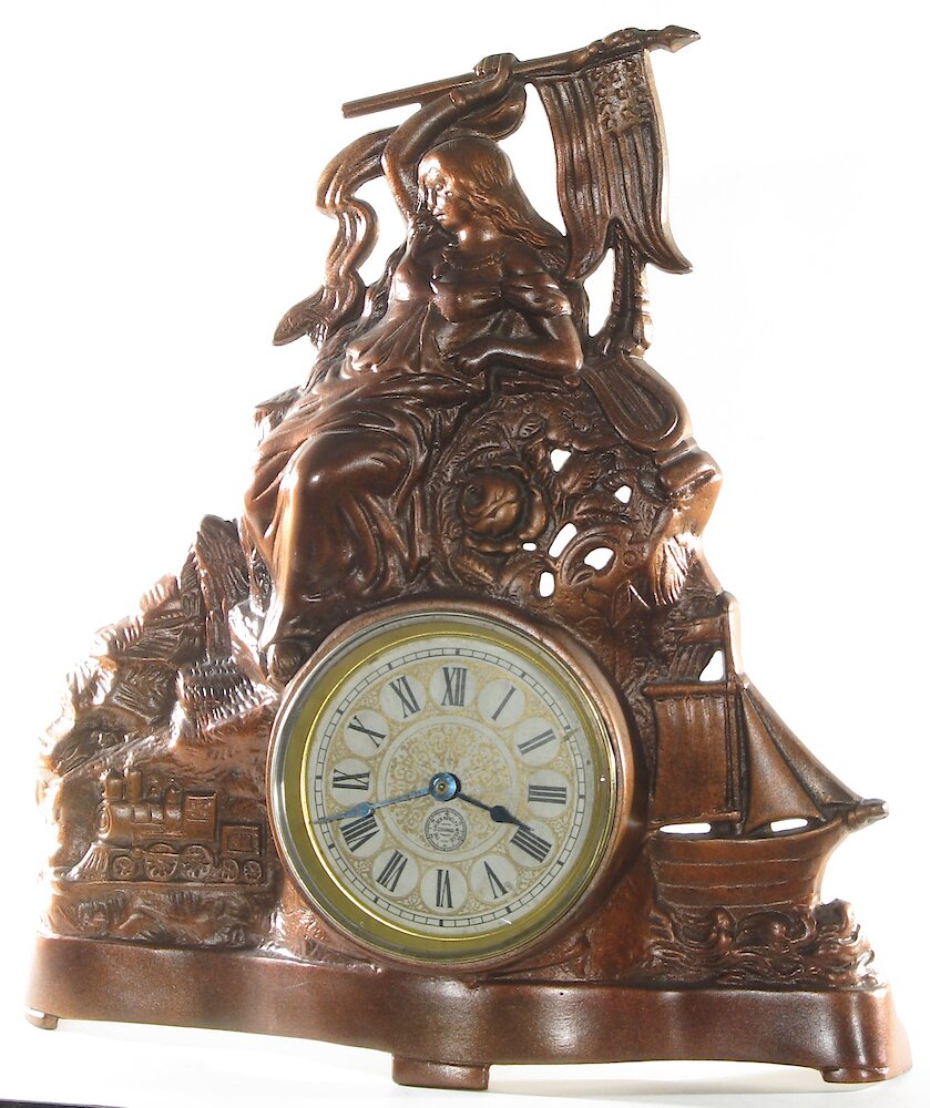 Golden Novelty Lady Flag Train Ship Cast Front. Golden Novelty Lady Flag Train Ship Cast Front Clock Example Photo