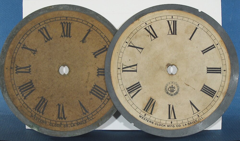 Westclox La Salle Alarm. 1887 - 88 La Salle dial (left) and ca. 1900 La Salle dial (right)