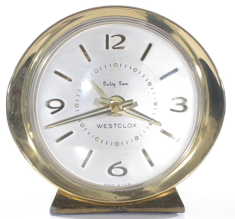 Westclox Baby Ben Deluxe Style 8 Florentine Silver Luminous Brass Bezel And Base. Westclox Baby Ben Deluxe Style 8 Florentine Silver Luminous Brass Bezel And Base Clock Example Photo