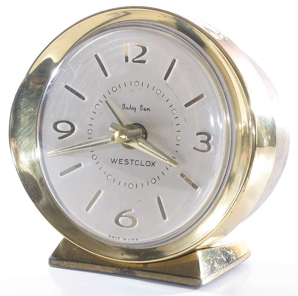 Westclox Baby Ben Deluxe Style 8 Florentine Silver Luminous Brass Bezel And Base. Westclox Baby Ben Deluxe Style 8 Florentine Silver Luminous Brass Bezel And Base Clock Example Photo