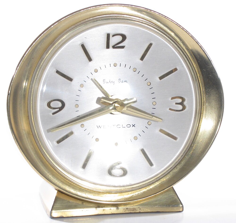 Westclox Baby Ben Deluxe Style 8 Florentine Silver Luminous Brass Bezel And Base. Westclox Baby Ben Deluxe Style 8 Florentine Silver Luminous Brass Bezel And Base Clock Example Photo