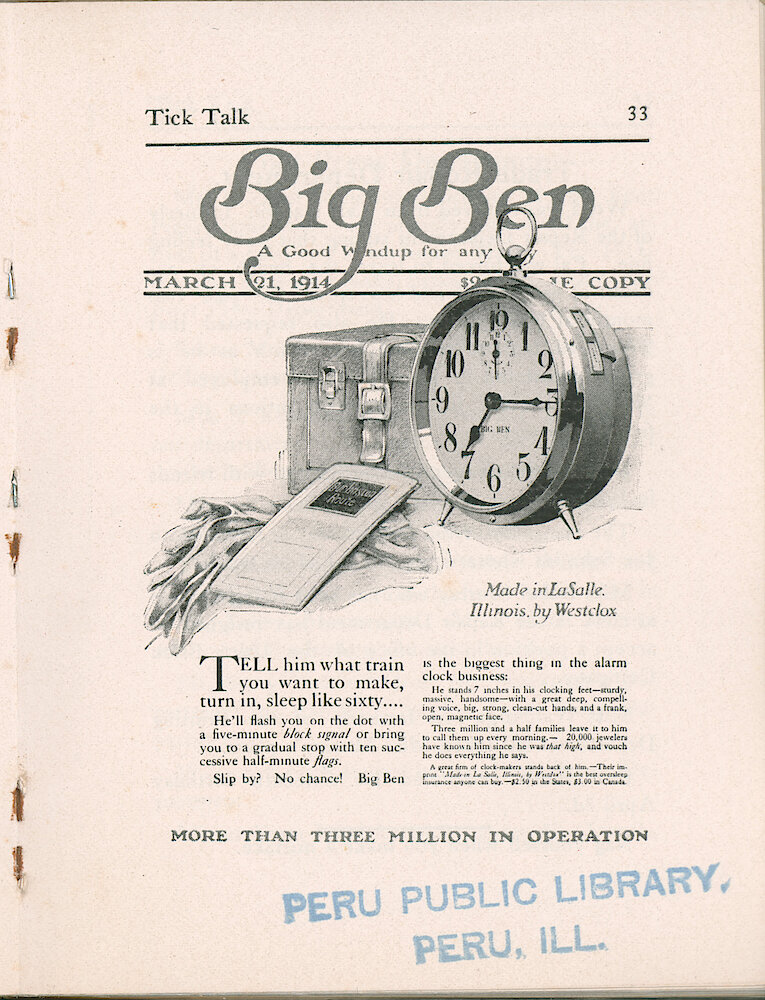 Westclox Tick Talk, May 1914, Vol. 1 No. 13 > 33. Advertisement, March 21, 1914. Big Ben.