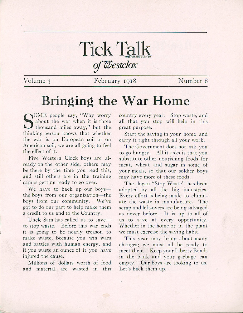 Westclox Tick Talk, February 1918 (Factory Edition), Vol. 3 No. 8 > 1