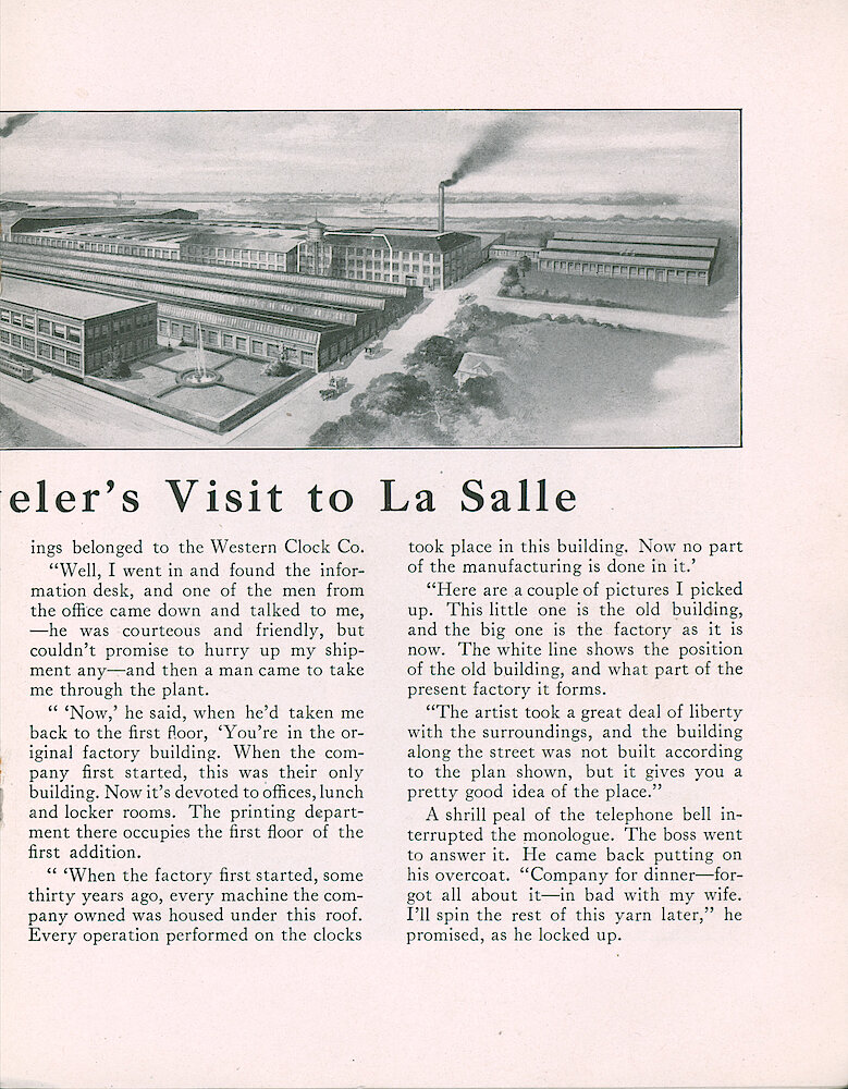 Westclox Tick Talk, February 1918 (Factory Edition), Vol. 3 No. 8 > 9. Article: "The Story Of One Jeweler&039;s Visit To La Salle."