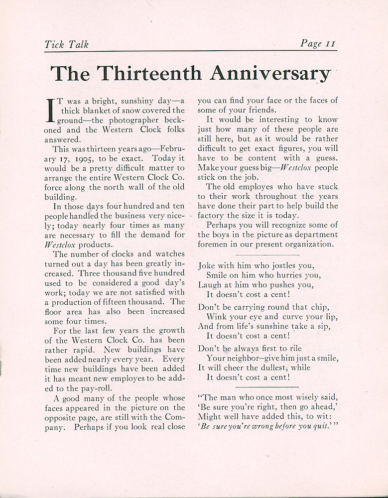 Westclox Tick Talk, February 1918 (Factory Edition), Vol. 3 No. 8 > 11. Historical Picture Caption: Historical Article: Factory And Employees February 17, 1905. The Picture Is On Page 10.