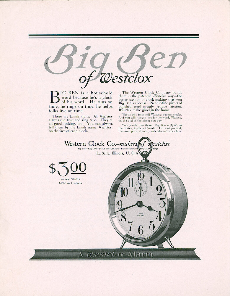 Westclox Tick Talk, February 1918 (Factory Edition), Vol. 3 No. 8 > 16. Advertisement: Big Ben Of Westclox $3.00